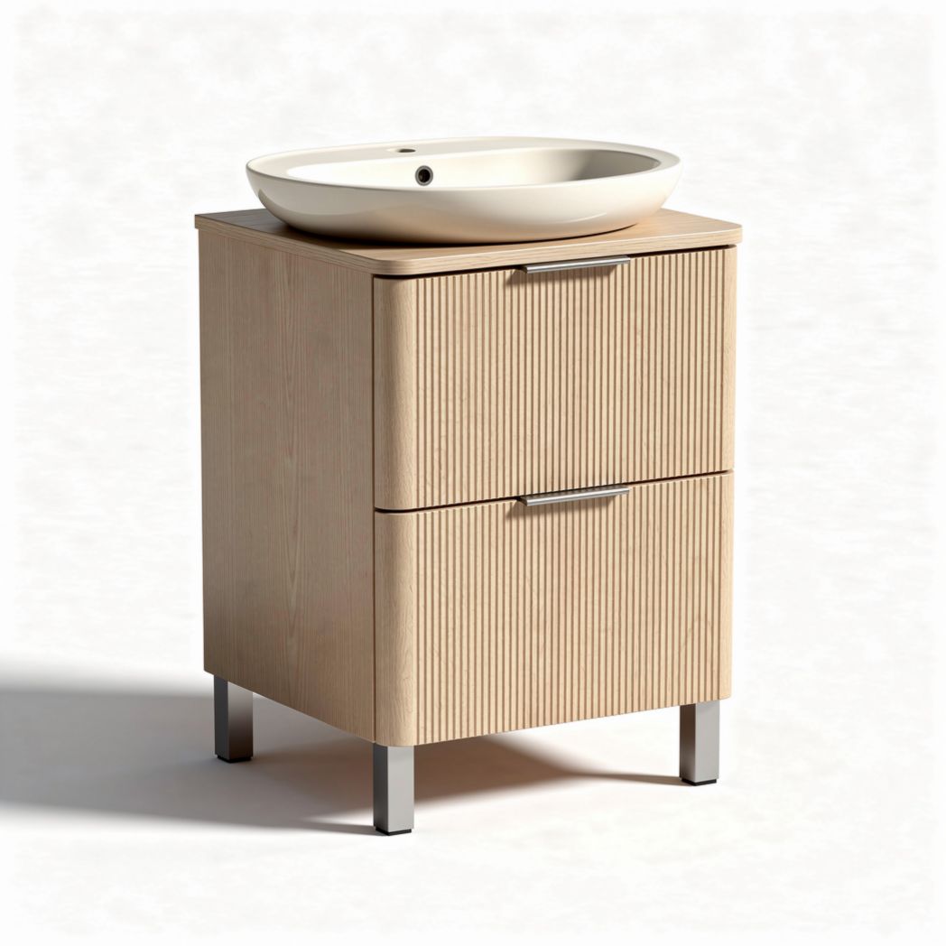 Móvel de lavabo em madeira com dois gavetões e lavatório em cerâmica 80 x 50 x 90cm
