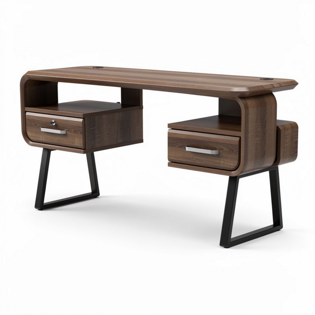 Mesa de escritório retangular em madeira escura com gavetas e estrutura metálica 150 x 60 x 75cm