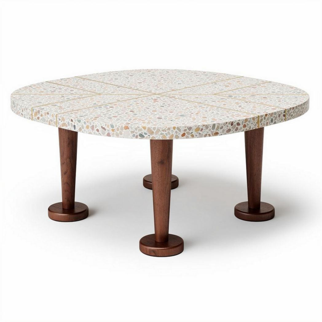 Mesa de centro quadrada em granito com pernas de madeira 120 x 120 x 40cm