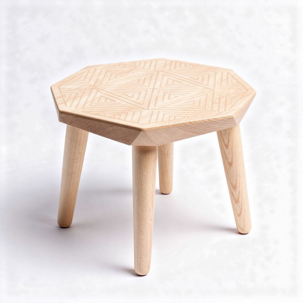 Mesa hexagonal de madeira clara com padrão geométrico 40 x 40 x 45cm