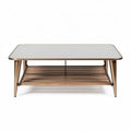 Mesa de café retangular com tampo de vidro e estrutura em madeira 120 x 60 x 45cm