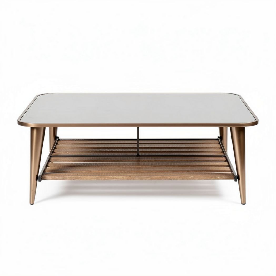 Mesa de café retangular com tampo de vidro e estrutura em madeira 120 x 60 x 45cm